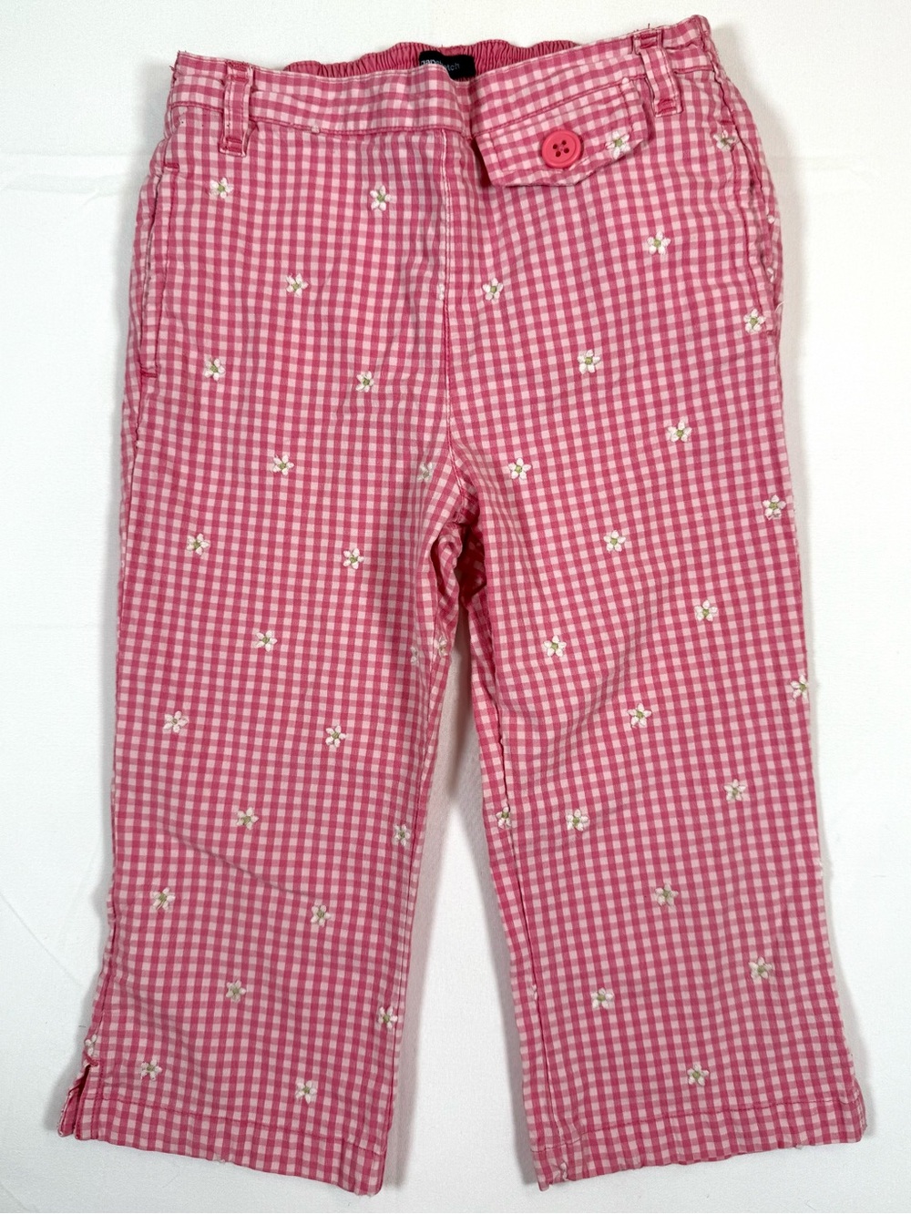 VINTAGE GAP Baby Girls Cottagecore Pink Gingham Embroidered Daisy Capri Pants 4